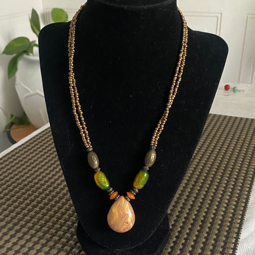 Handcrafted Brown and Green Beaded Teardrop Pendant Necklace